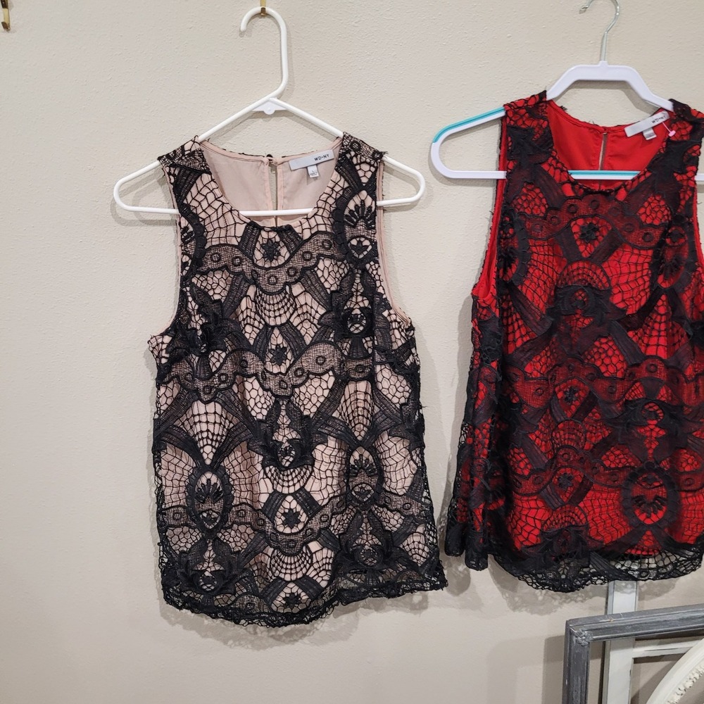 WD+NY Lot of 2 Tops women SZ L Black Lace over nude red shell feminine festive